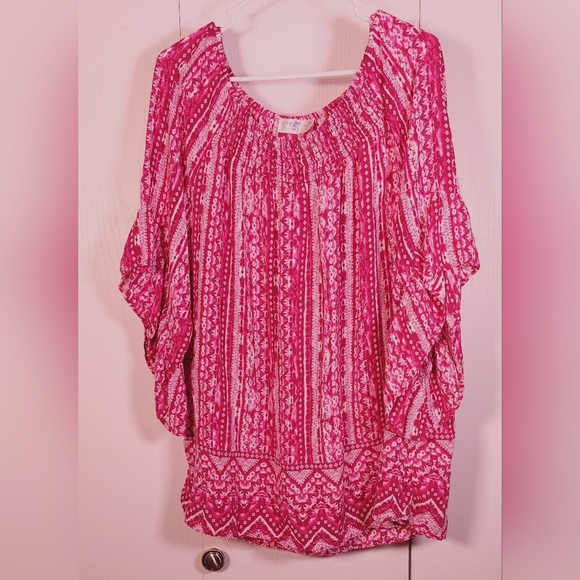 Terra & Sky Fucshia Printed Ruffle Bell Sleeve Size 2X Tunic Top Flowy Boho - Picture 1 of 10
